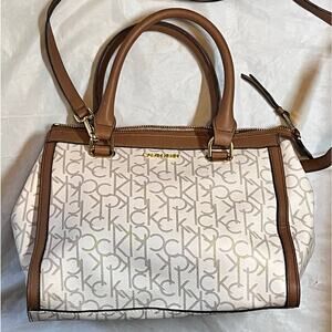 Calvin Klein Mercy Satchel in Off White Tan Gold Tone Hardware, Crossbody Strap